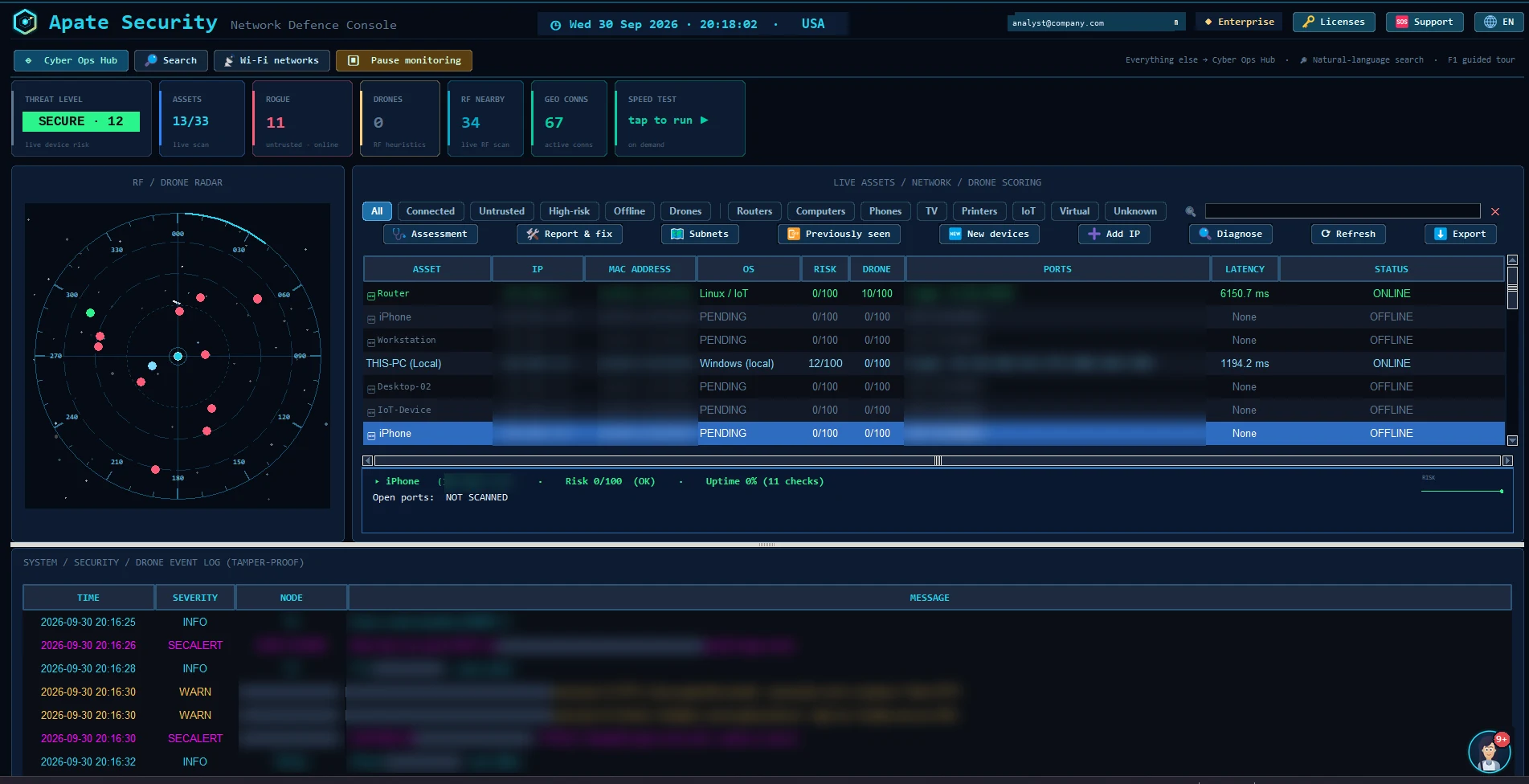Apate Security live console - devices, threats, radar & event log (data redacted)