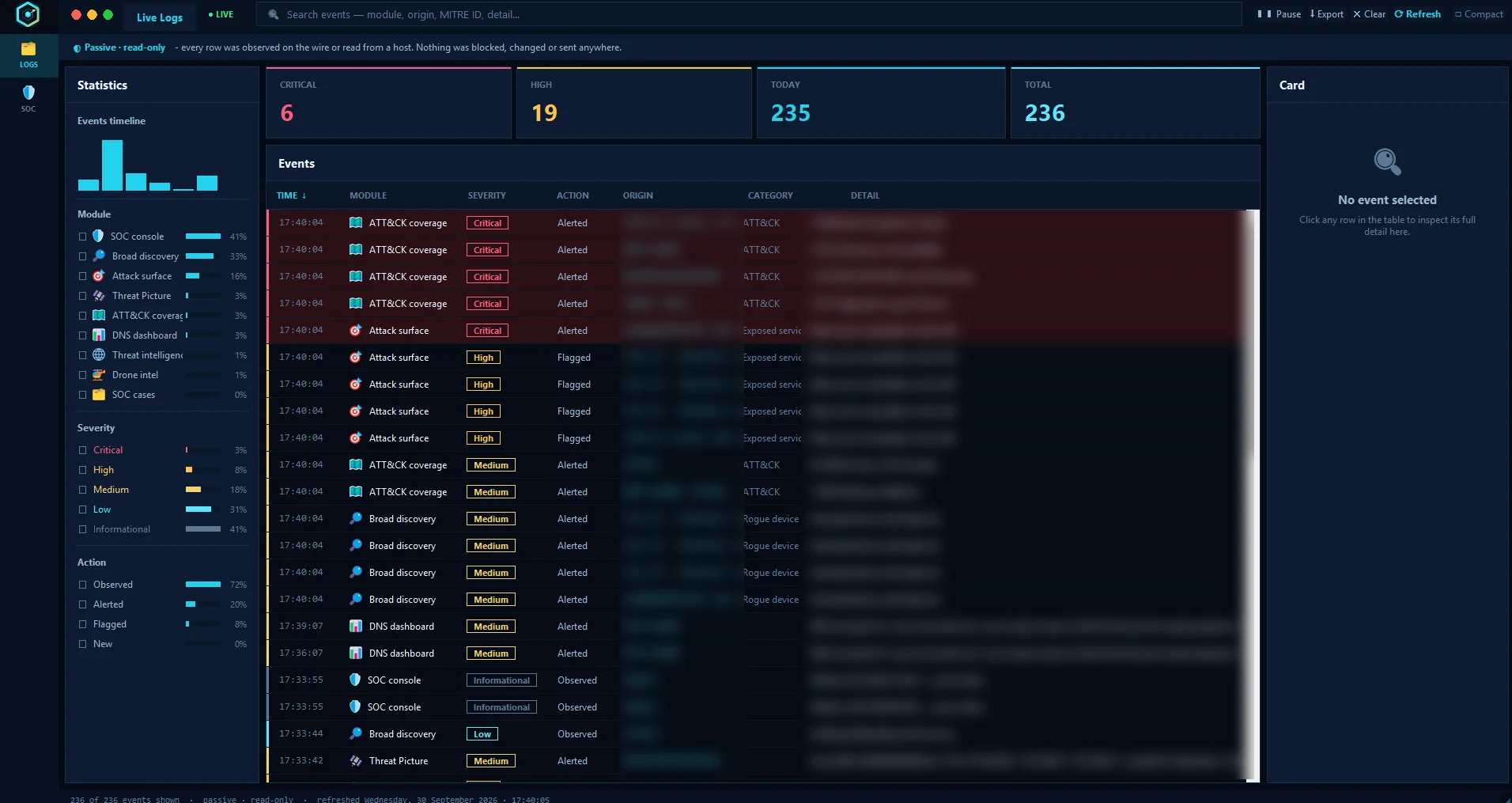 Live event log - every observed event with severity, module and ATT&CK mapping (data redacted)